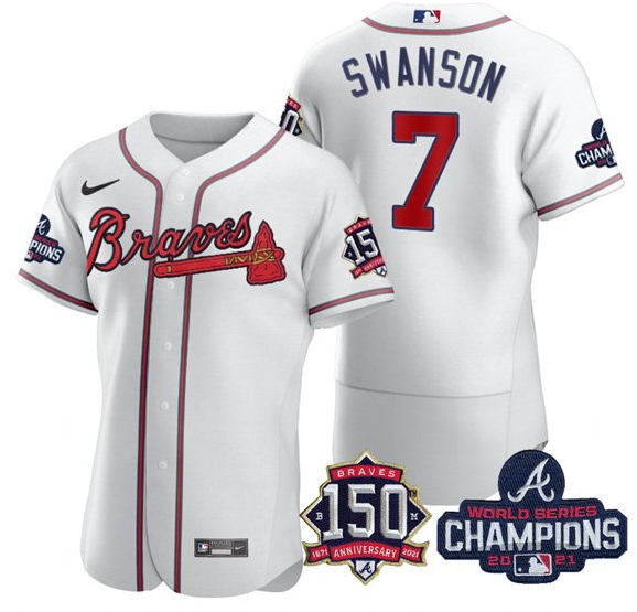 Men's Atlanta Braves #7 Dansby Swanson 2021 White World Series Champions With 150th Anniversary Flex Base Stitched Jersey Men's Atlanta Braves #7 Dansby Swanson 2021 White World Series Champions With 150th Anniversary Flex Base Stitched Jersey